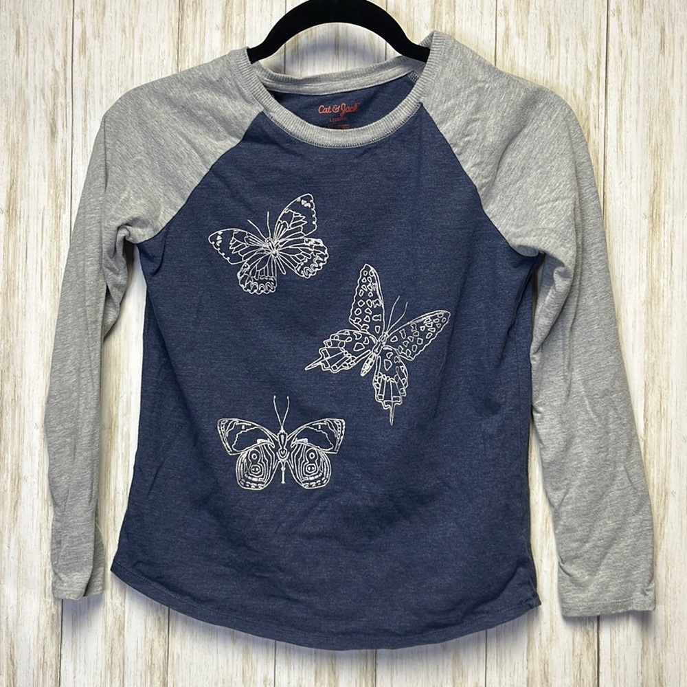Cat & Jack Blue/Gray Long Lee e T-Shirt with Silver Butterflies Size L(10-12)